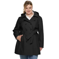Plus Size Sebby Collection Double-Breasted Hooded Soft Shell Jacket