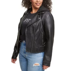 Plus Size Levi's® Faux Leather Motorcycle Jacket With Fleece Hood -Gearwest shop 5088700 ALT2