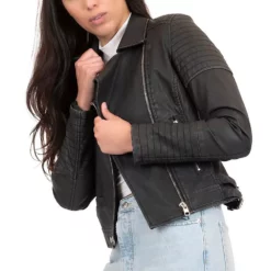 Women's Coffee Shop Washed Faux Leather Moto Jacket
